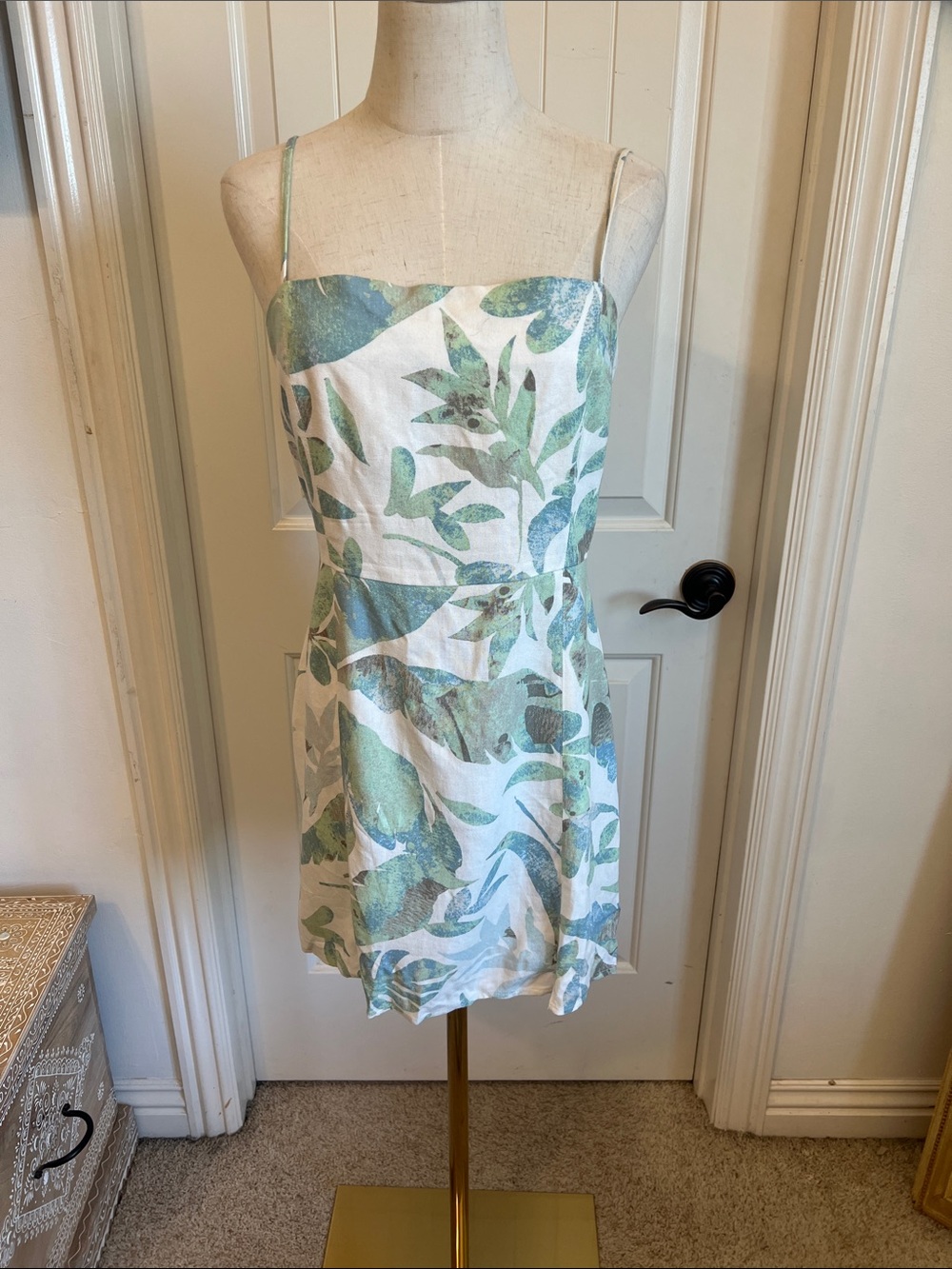 Spaghetti Strap Mini Dress in White and Sage Green